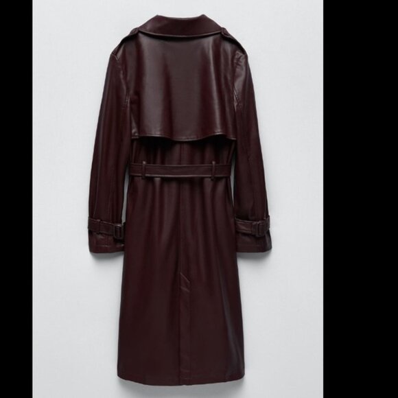 NWT ZARA Burgundy Faux Leather Trench Coat, Sz L - Picture 2 of 16